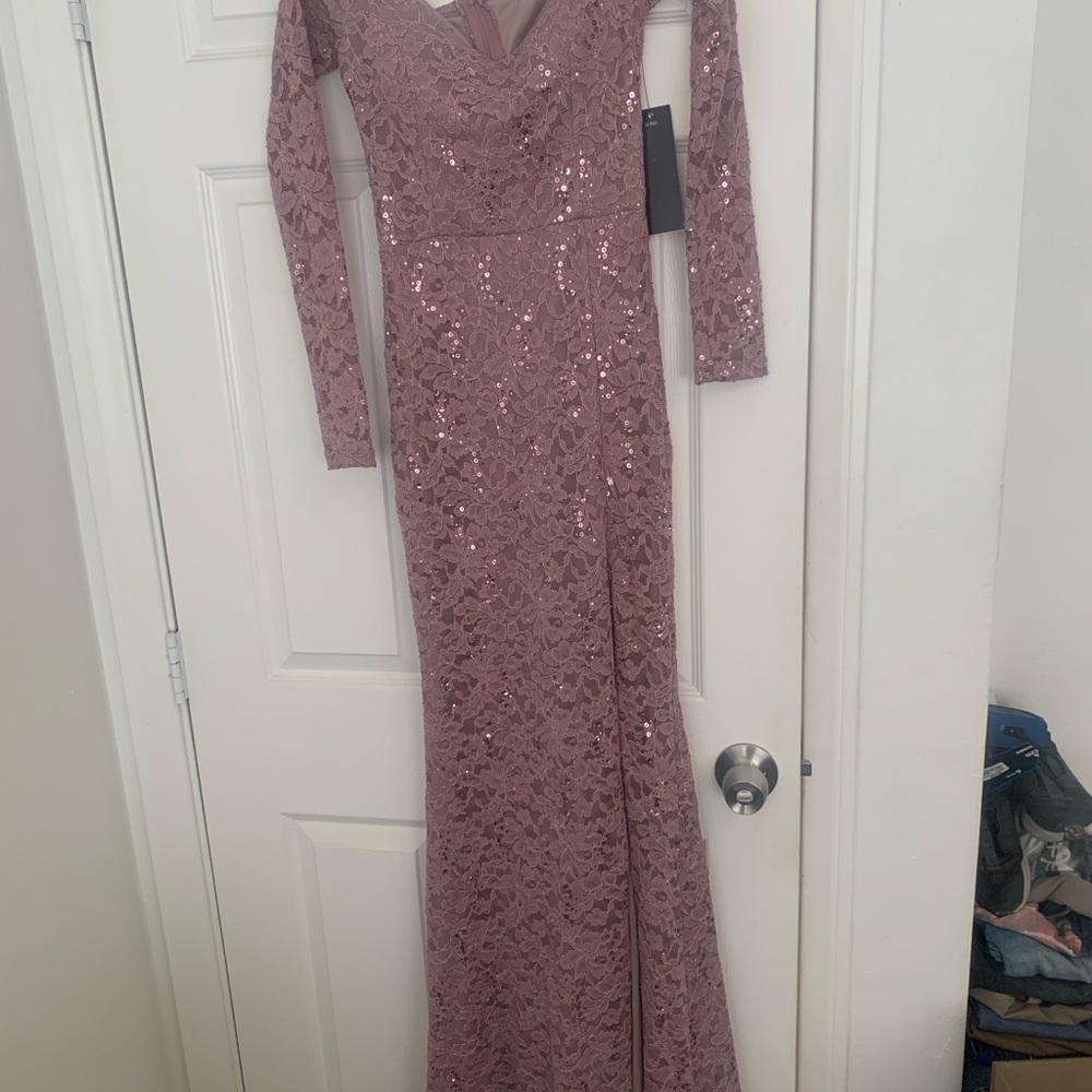 Elegant Mauve Lace Evening Gown